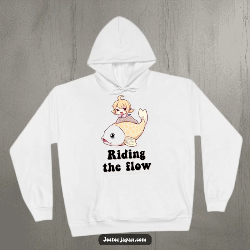 Funny hoodie featuring a character winking mischievously, enjoying a ride on a colossal koi fish, combining comfort and fantasy.