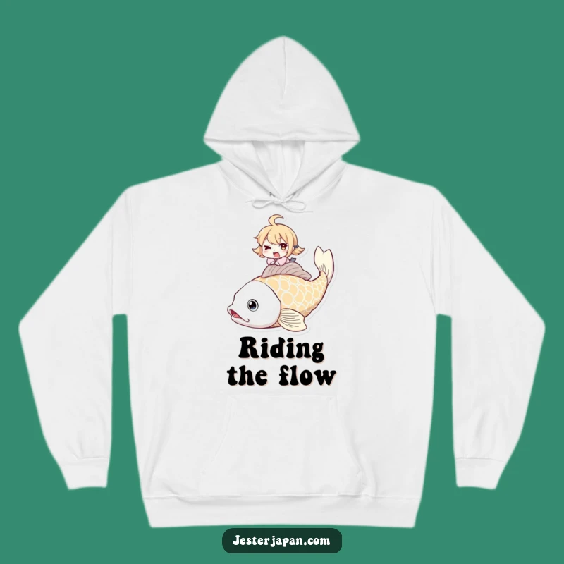 Funny Koi Fish Rider Hoodie: Cozy Adventure, Winking Character, Perfect Gift for Dreamers