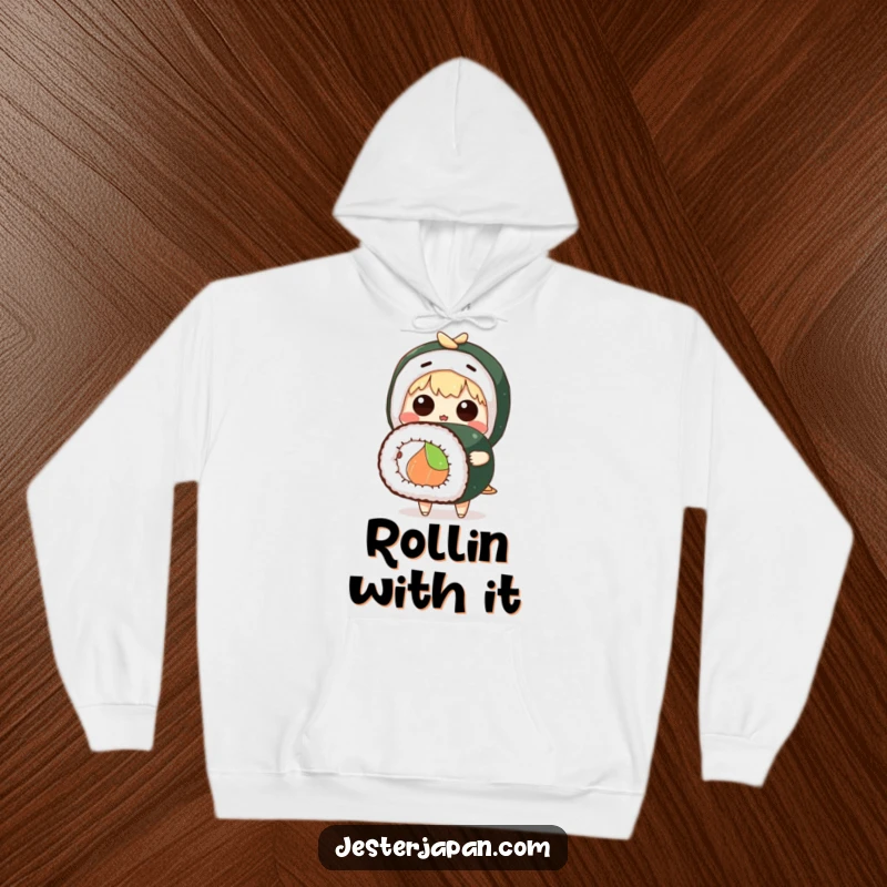 Funny hoodie depicting a cute anime character with a shocked expression holding a massive sushi roll, perfect for cozy laughs.