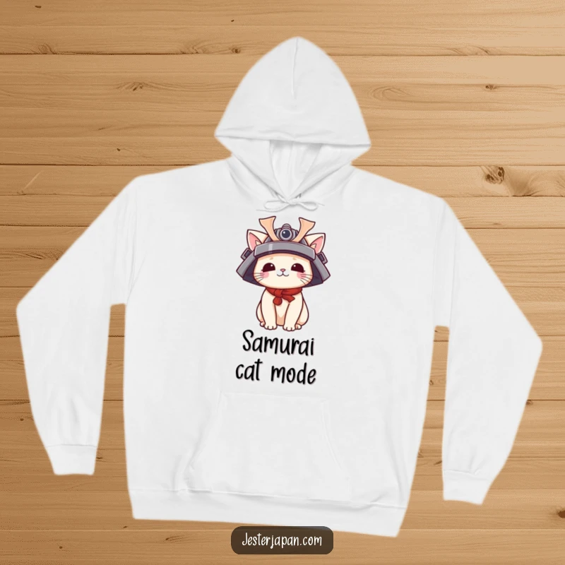 Funny Kawaii cat samurai hoodie featuring a cute feline character wearing a miniature samurai helmet, perfect for cozy, playful protection.