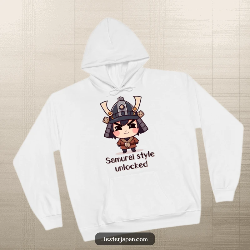 Funny hoodie featuring a character with a confident smirk donning a tiny samurai helmet, offering warmth and witty style.