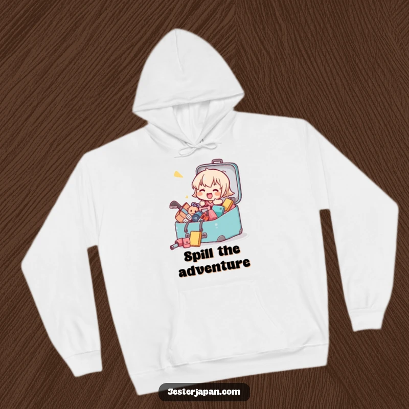 Funny hoodie showcasing a messy Kawaii character packing a suitcase erratically, with clothes and items flying out everywhere.