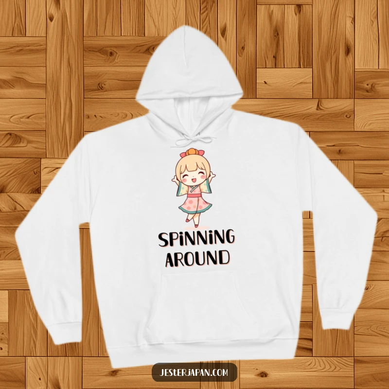Funny Kokeshi Doll Hoodie: Comfortable hoodie featuring a cute Kokeshi doll character performing a joyful pirouette, perfect for cozy days.