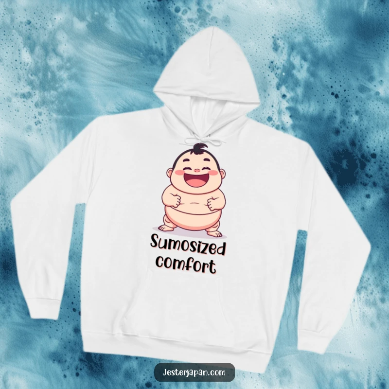Funny hoodie showcasing a character with a huge grin attempting a sumo pose, offering warmth and humor for all.