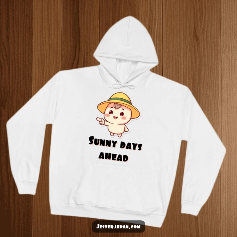 Funny hoodie featuring a cheerful character wearing a sun hat, pointing ahead with enthusiasm, perfect for adventurers.