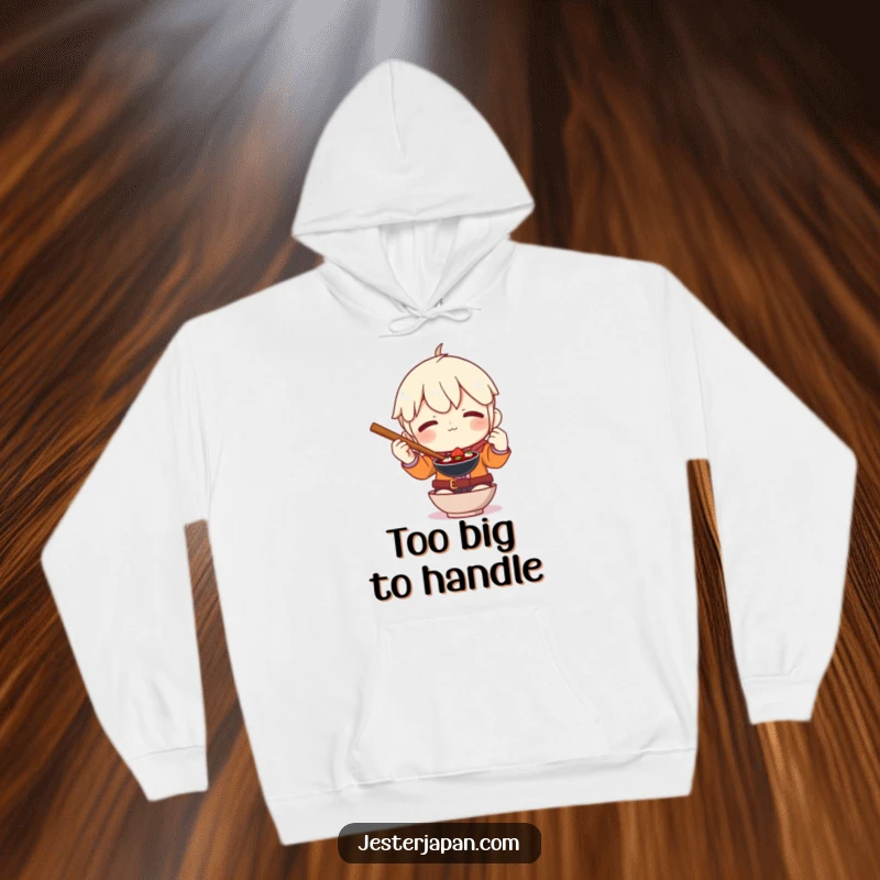 Funny hoodie depicting a character in a comical situation trying to manipulate extremely large chopsticks, perfect for winter.