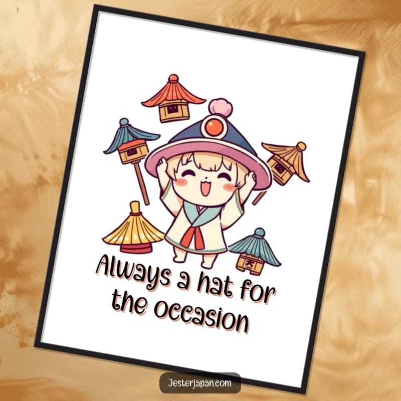 Funny Free Printable Wall Art of a Kawaii character enthusiastically trying on a collection of traditional hats.