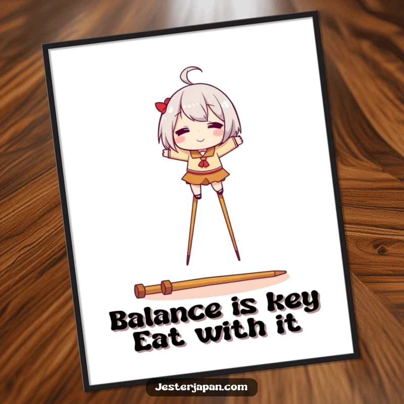 Funny free printable wall art of a character balancing precariously on stilts constructed from chopsticks. Humorous and eye-catching decor.