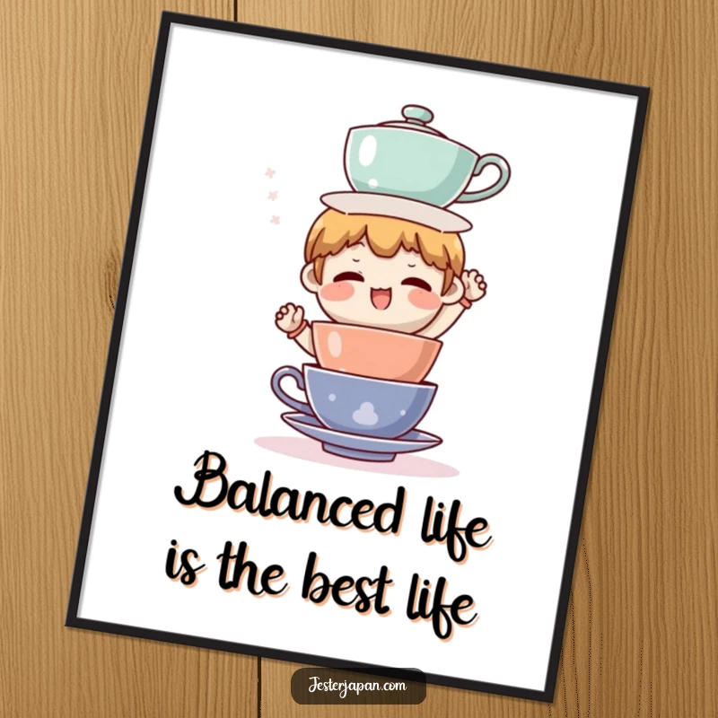 Funny Free Printable Wall Art: Character comically fails at balancing an enormous stack of tea cups.