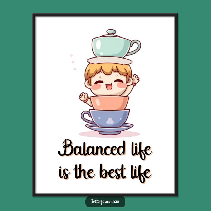 Free Printable Wall Art: Comical Tea Cup Balance for Funny Downloadable Art Gift