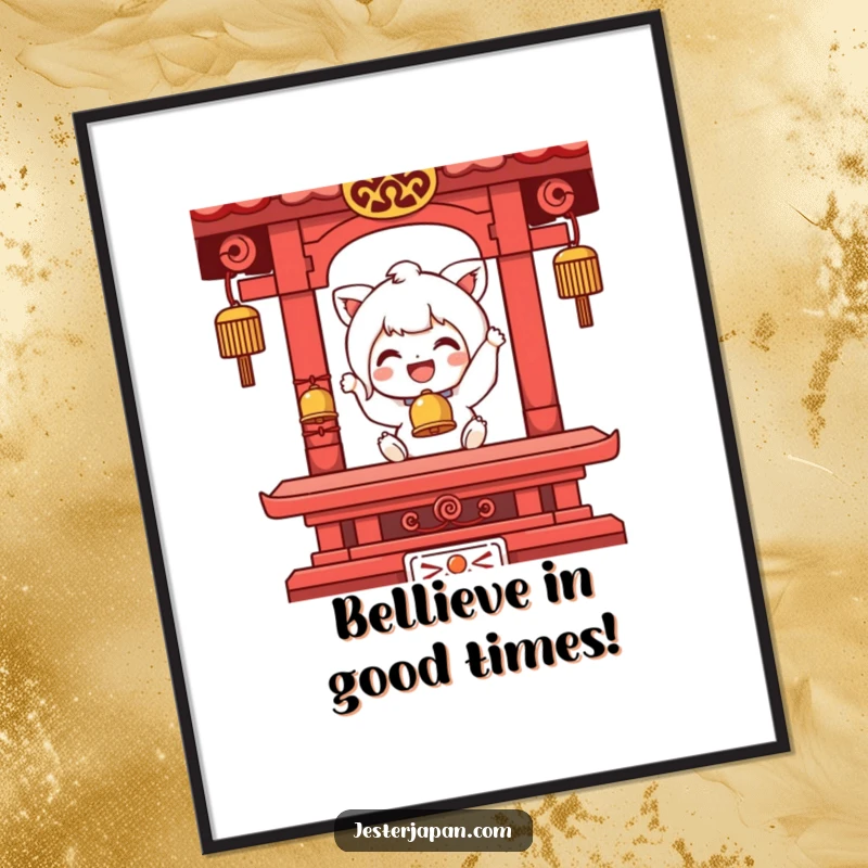 Funny Free Printable Wall Art: Adorable character joyfully ringing a tiny temple bell, bringing peaceful, humorous vibes to any room.