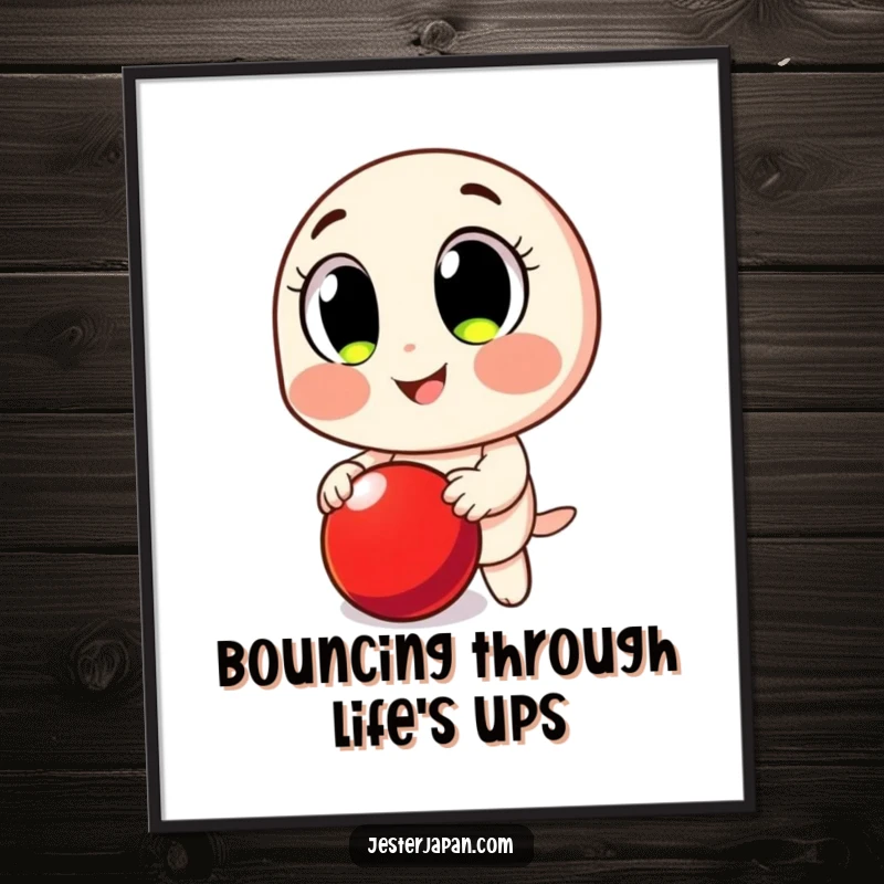Funny Free Printable Wall Art: Smiling character with huge eyes, happily bouncing a vibrant red ball.