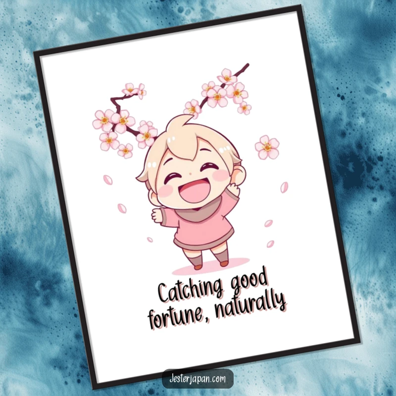 Funny Free Printable Wall Art: Character with a wide grin joyfully tries to catch a flurry of falling cherry blossoms.