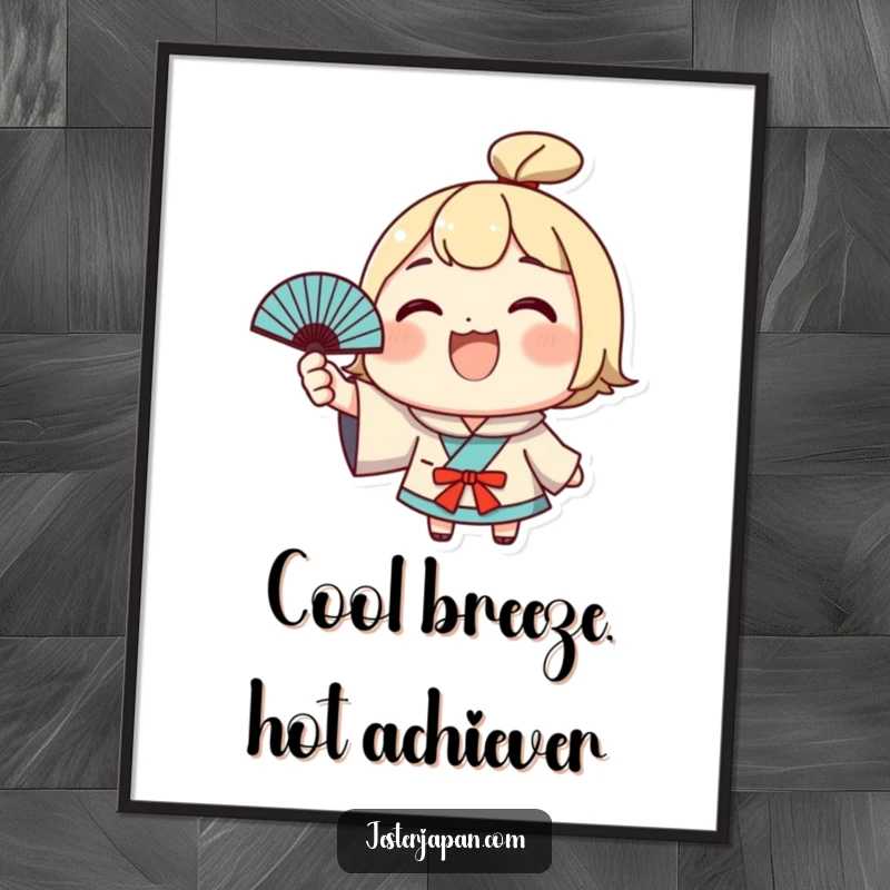 Funny Free Printable Wall Art: Cute character with a wide grin excitedly waves a small Japanese fan, adding cheerful flair.