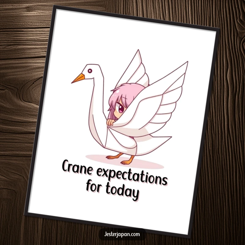 Funny Free Printable Wall Art: Character peeking playfully from behind a large, stylized, colorful origami crane.
