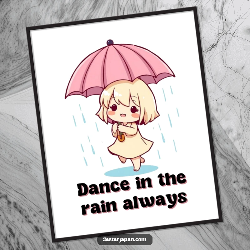 Funny Free Printable Wall Art: Tiny character with umbrella, happily dancing in gentle, playful rain.