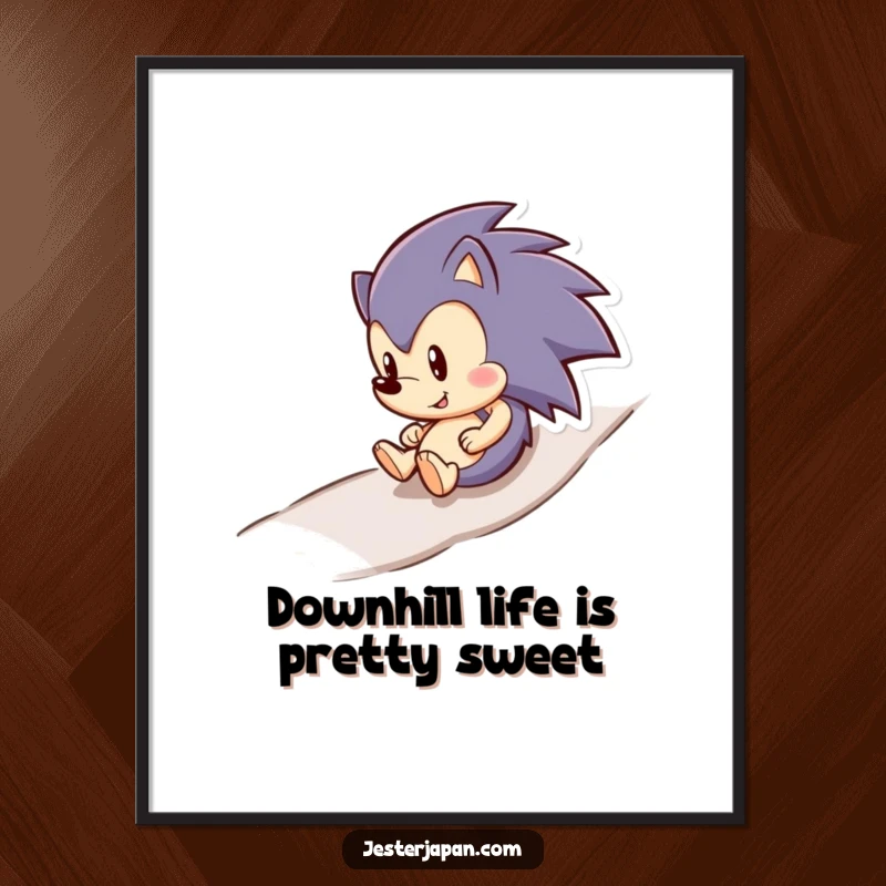 Funny Free Printable Wall Art: A cheerful hedgehog rolls downhill joyfully, a cute downloadable piece for any room.