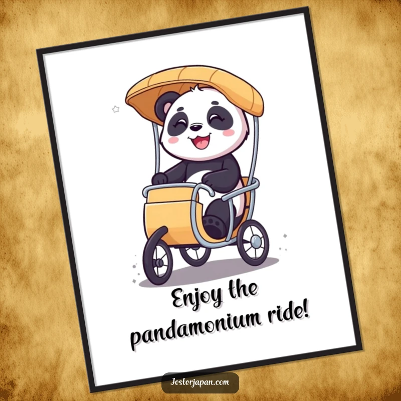 Funny Free Printable Wall Art: A smiling panda character gleefully rides a miniature rickshaw, bringing cheerful energy.