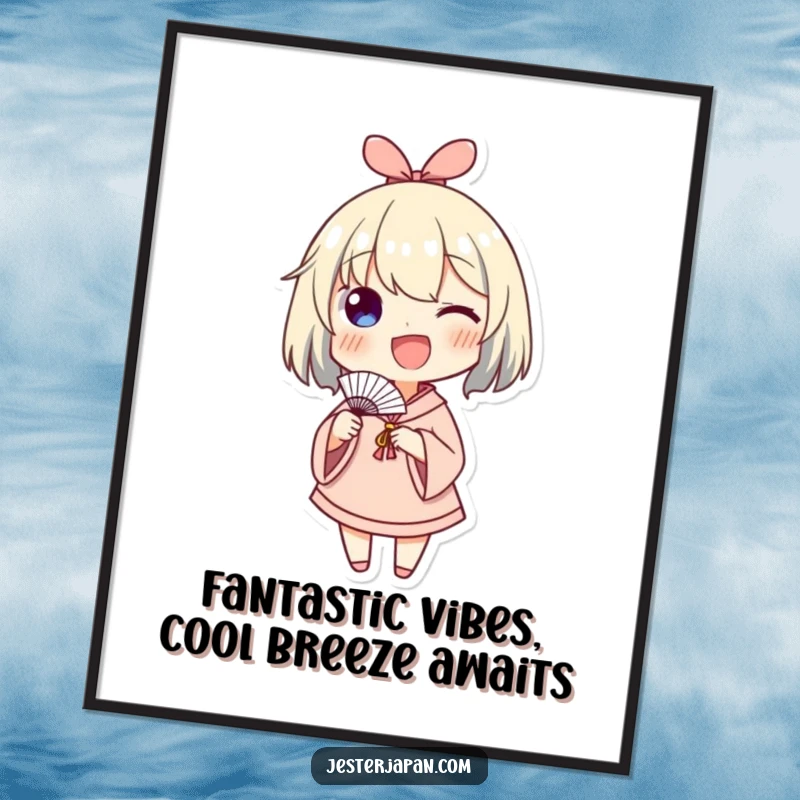 Funny Free Printable Wall Art: Character with boundless enthusiasm waving a colorful small paper fan with a wide smile.