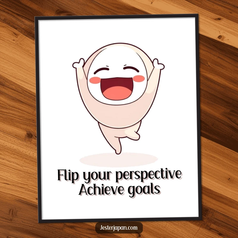 Funny Free Printable wall art of a floating Daruma doll joyfully performing a handstand, a captivating display of skill and luck.