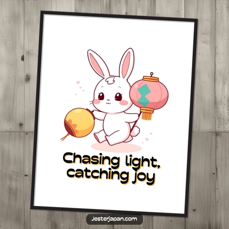 Funny Free Printable Wall Art: A whimsical bunny character joyfully chasing a glowing festival lantern, adding festive energy.