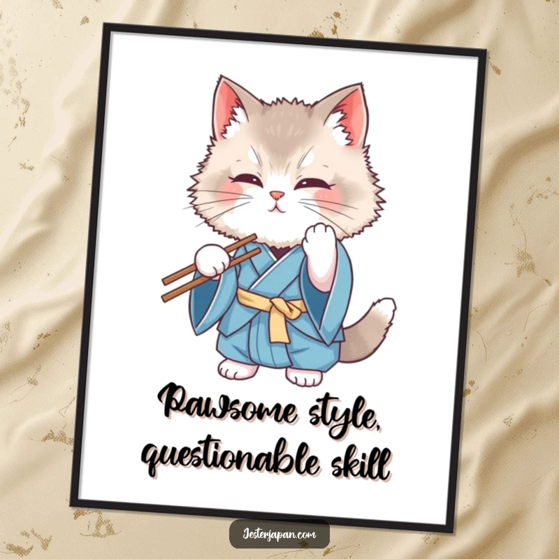 Funny Free Printable Wall Art: A fluffy cat in a blue kimono comically struggles with chopsticks, adding humor to any room.
