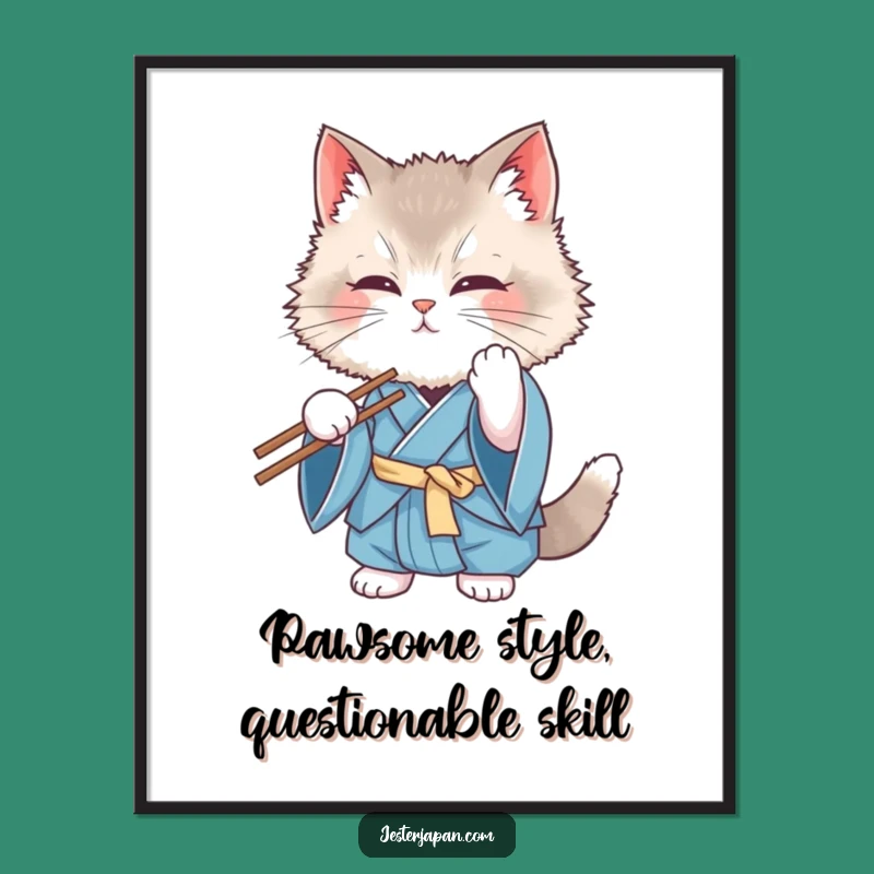 Free Printable Funny Wall Art: Kimono Cat's Chopstick Fumble - Hilarious Downloadable Decor!