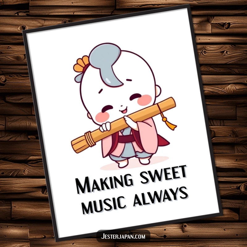 Funny Free Printable Wall Art featuring a cute Kawaii character with a wide smile playing a Japanese flute.