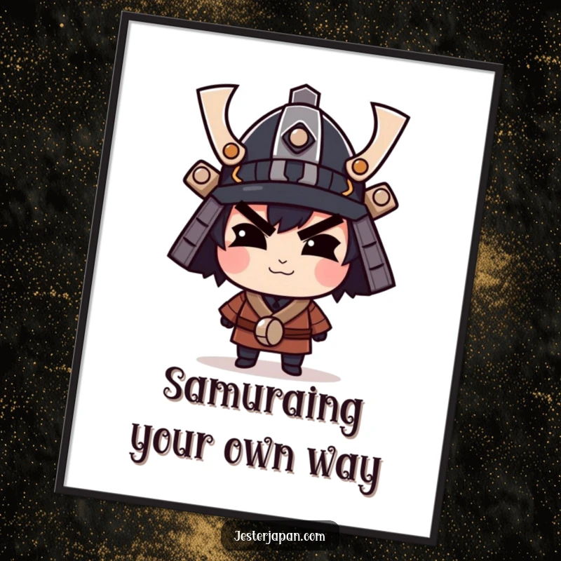 Funny Free Printable Wall Art: Character with a confident smirk, wearing a tiny samurai helmet, adds cool humor.