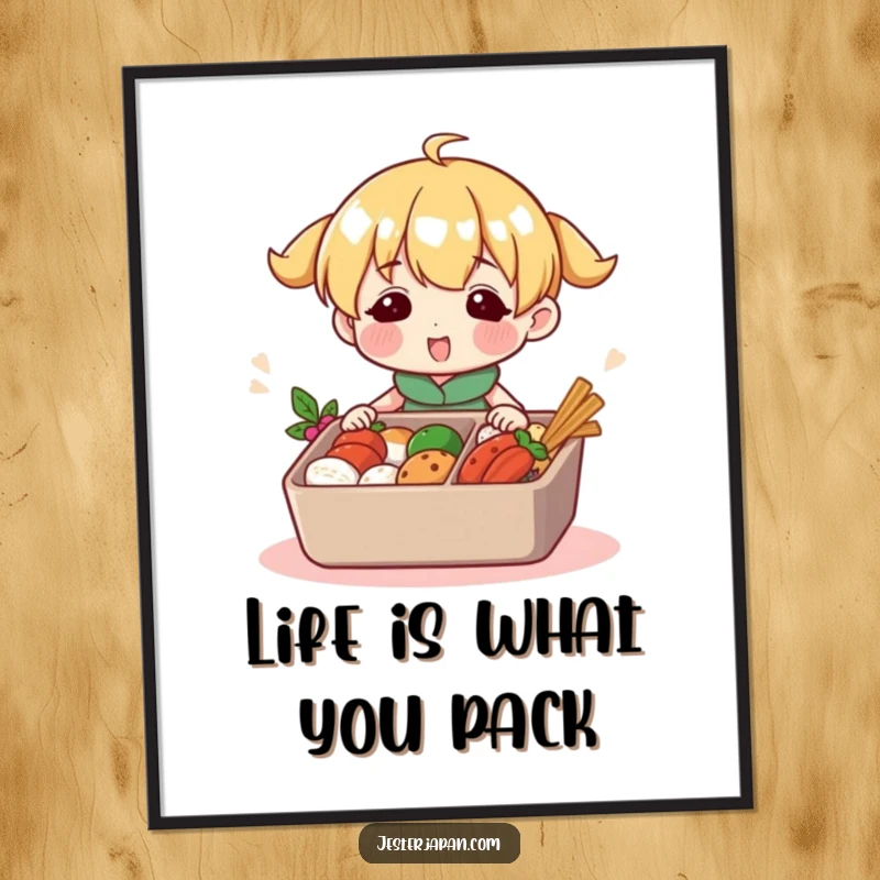 Funny Free Printable Wall Art: A happy character carefully packs a vibrant, colourful bento box with various treats. Whimsical food-themed decor.