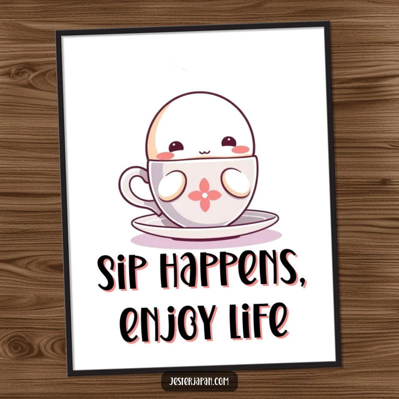 Funny Free Printable Wall Art: A small, round Kawaii character peacefully sipping from a steaming cup. Downloadable art to print at home.