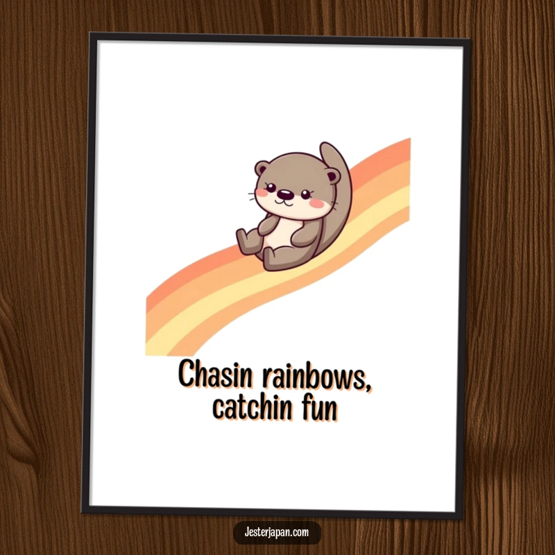 Funny Free Printable Wall Art: Playful otter slides down a dazzling rainbow, a fun downloadable piece for your home decor.