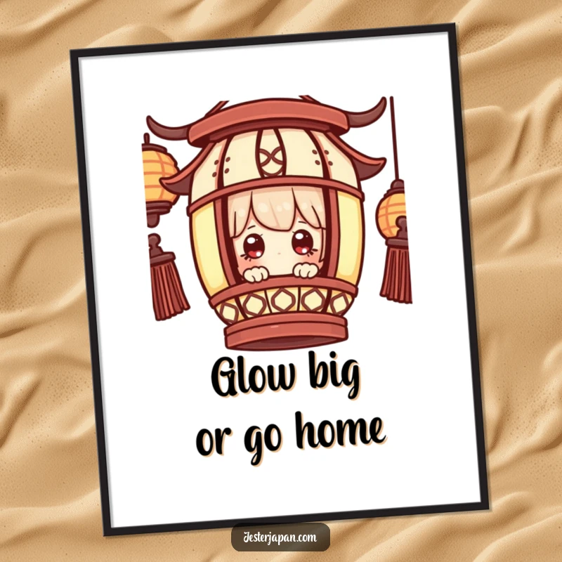 Free Printable Wall Art: A small character peeks out of a glowing traditional lantern, eyes wide with a sense of wonder.