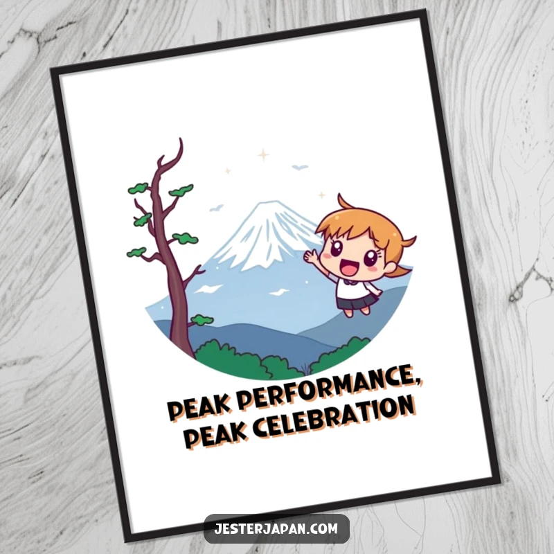 Free Printable Wall Art: Character excitedly pointing towards a stylized Mount Fuji, a beautiful landscape.