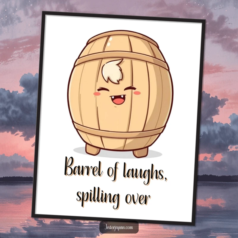 Funny Free Printable Wall Art: Character with a mischievous grin hides behind a large sake barrel, hinting at secrets.