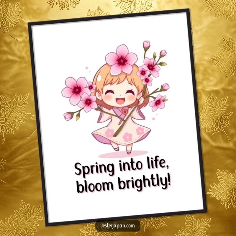 Funny Free Printable Wall Art: A joyful character in a delightful spin, holding a large bouquet of beautiful cherry blossoms.