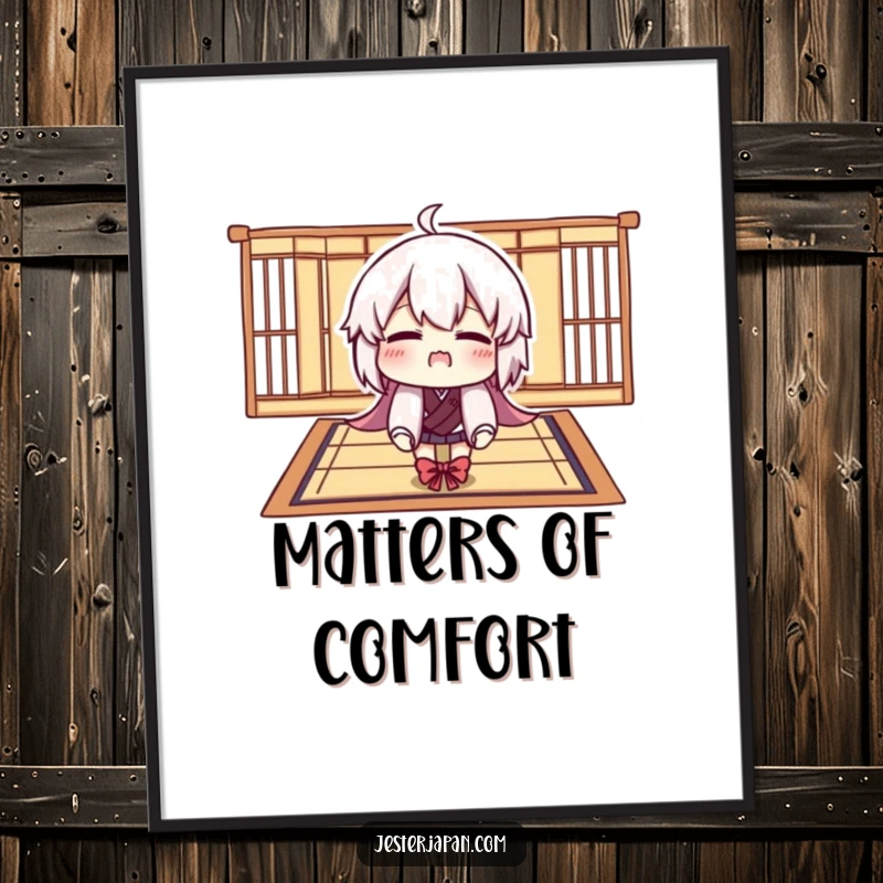 Funny Free Printable Wall Art: Character hilariously attempts to occupy a comically small Tatami mat. Quirky downloadable art.