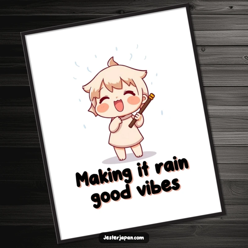 Funny Free Printable Wall Art: Character gleefully shakes a rain stick, creating a magical shower of colorful elements.