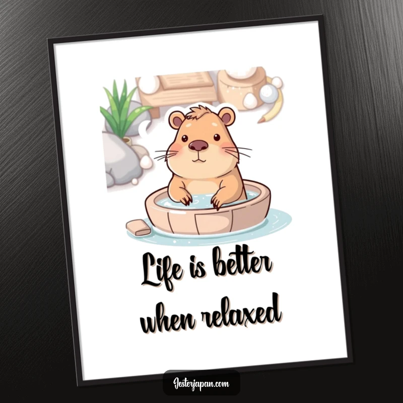 Funny Free Printable Wall Art: A serene capybara luxuriating in a steaming hot spring, embodying ultimate relaxation and peace.