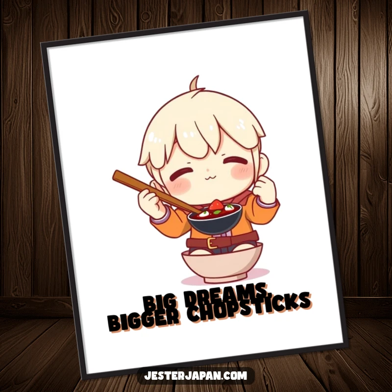 Funny Free Printable Wall Art: A character hilariously failing to master oversized chopsticks, a comedic art piece.