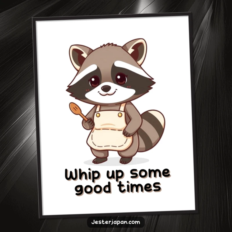 Funny Free Printable Wall Art: A busy raccoon wearing a tiny apron, focused on cooking, adding a whimsical touch to any kitchen.
