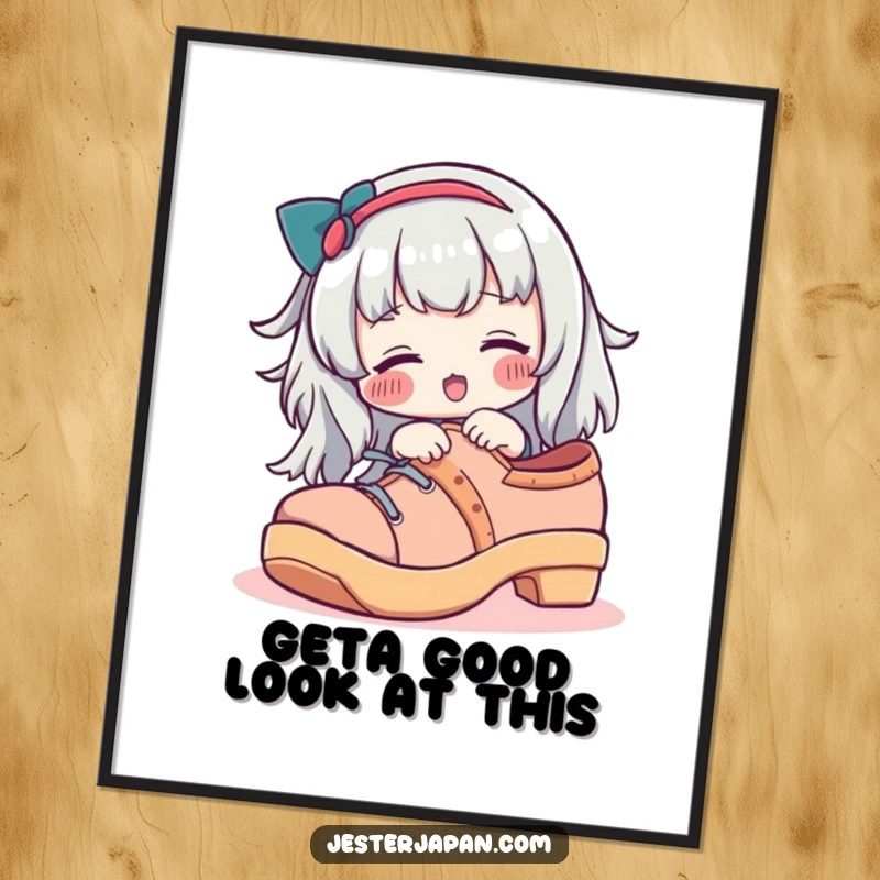 Funny Free Printable Wall Art: A character with rosy cheeks tries on an oversized geta shoe, bringing playful energy.