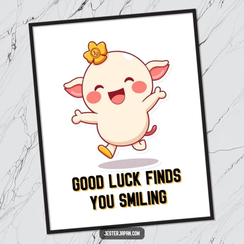 Funny Free Printable Wall Art featuring a giggling lucky charm character caught mid-hop, smiling widely with infectious glee.