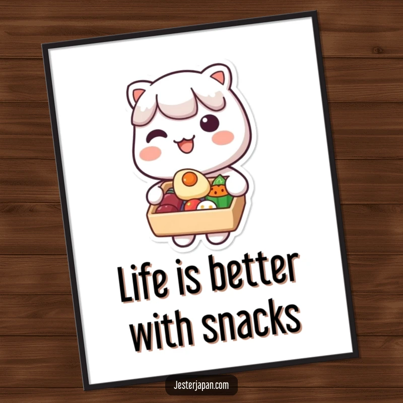 Funny Free Printable Wall Art: Charming Kawaii character holding a bento box, offering a piece of food.