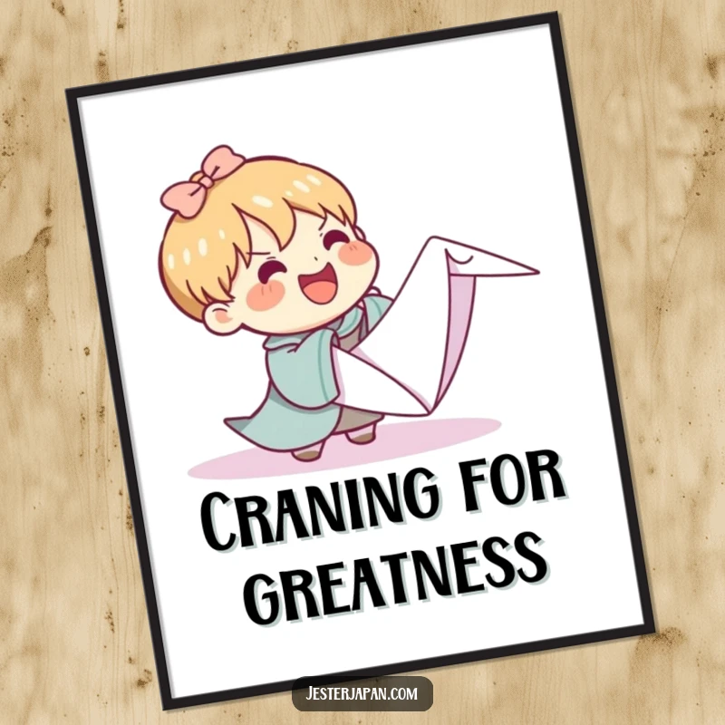 Funny Free Printable Wall Art: Kawaii character joyfully attempting to fold an impossibly large origami crane, a funny art piece.