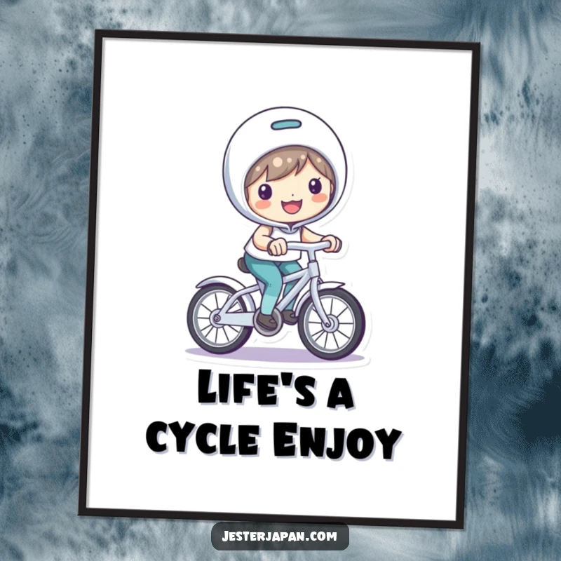 Funny Free Printable Wall Art: Character with a bright smile, enthusiastically riding a small, playful bicycle.