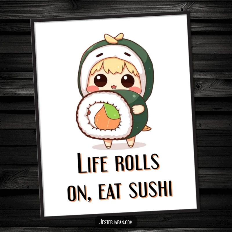 Funny Free Printable Wall Art: A character with a shocked expression holds a comically giant sushi roll, perfect for kitchens.