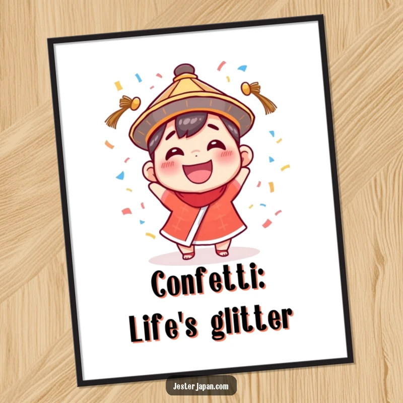Funny Free Printable Wall Art: Tiny character with a huge grin, wearing a hat and throwing confetti excitedly.