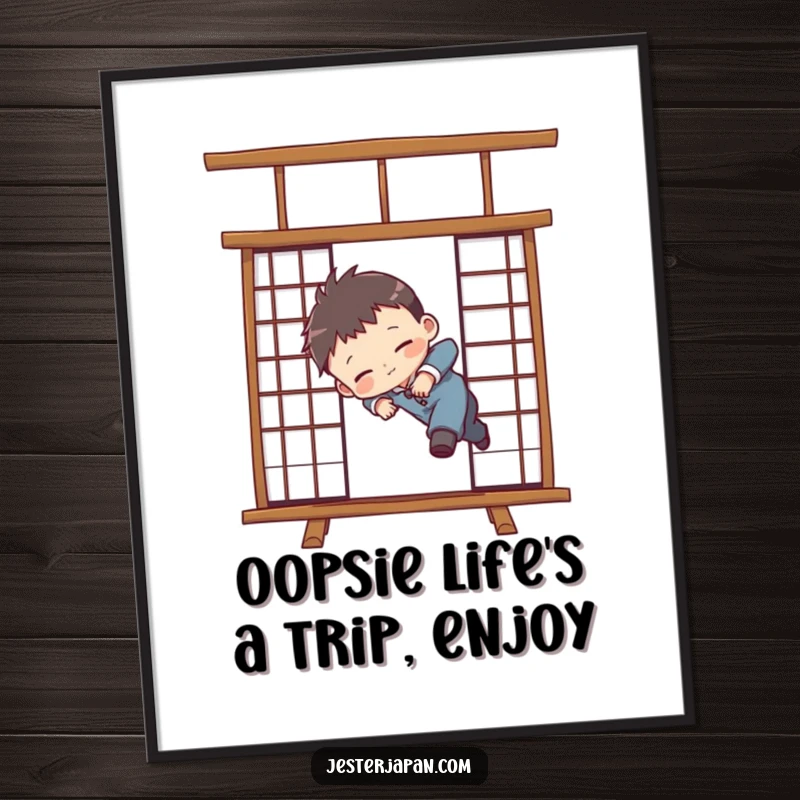 Funny Free Printable Wall Art: Chibi character comically tripping over a traditional Shoji screen, captured in a funny moment.