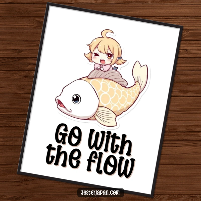 Funny Free Printable Wall Art: A character with a mischievous wink, perched on a giant koi fish, adds humor.